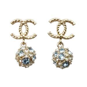 Chanel Gold Rope CC Blue Crystal Crystal Ball Small Piercing Earrings